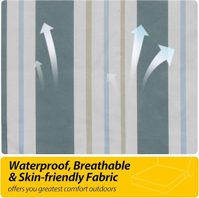 AAAAAcessories Outdoor Seat Cushions for Chairs, Fade-Resistant, Waterproof Patio Furniture Replacement Cushions, 25.5" x 25.5" x 5" + 25.5" x 13.5", Slate Gray Blue Coastal Stripe