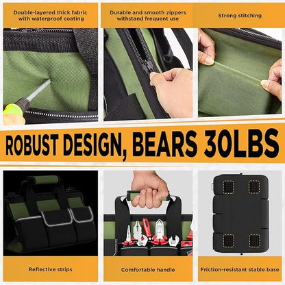Goovilla Tool Bag 15.5 Inch with 1 Pouch | 17-Pocket Portable Tool Box Organizer Storage with Adjustable Strap, Soft Handle and Durable Zipper | Heavy Duty Tool Bags for Men, Father’s Day (Green)