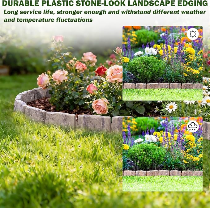 Landscape Edging Garden Edging Border Faux Stone Edging,17FT x 2.75 in Tall Decorative Stone-Look Garden Border for Flower Bed Edging,Yard Edging,Lawn Trees and Gardens,with Anchoring Spikes,Brown