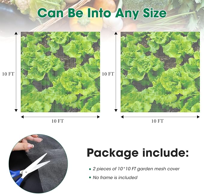 Unves 2 Pack 10 x 10 FT Garden Netting, Insect Bird Mosquito Netting for Garden Protection Vegetable Fruits, Ultra Mesh Raised Bed Plant Covers Protect Plants from Birds Bugs