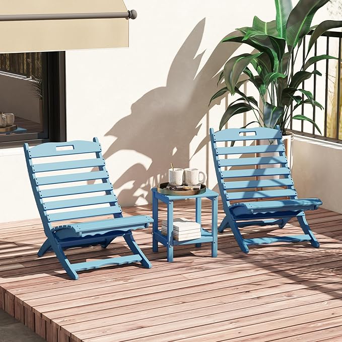 GREENVINES 3 Pieces Patio Furniture Set | Outdoor Bistro Sets for 2 | HDPE Plastic | Folding-Adirondack-Chairs-with-Side-Table | All Weather | Xavier Chair | for Porch Deck Poolside Backyard | Arctic