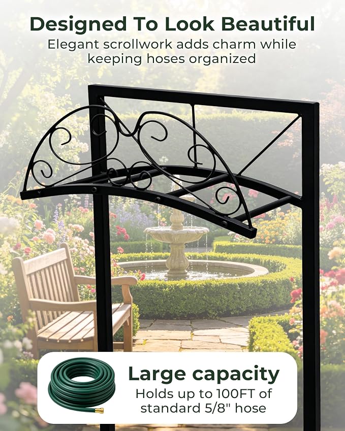 Garden Hose Holder Stand, Heavy Duty Freestanding Metal Rack | Reinforced Triangle Support, Dual Ground Stakes & Weather-Resistant Finish for Elegant Outdoor Storage