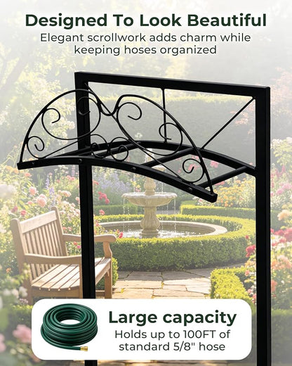 Garden Hose Holder Stand, Heavy Duty Freestanding Metal Rack | Reinforced Triangle Support, Dual Ground Stakes & Weather-Resistant Finish for Elegant Outdoor Storage
