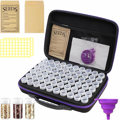 Seed Storage Organizer 60 Slots with Bottles & Envelopes, Seed Packet Storage Case for Garden Seeds, Flower Vegetable Seed Organizer with Labels, Portable Zipper Bag