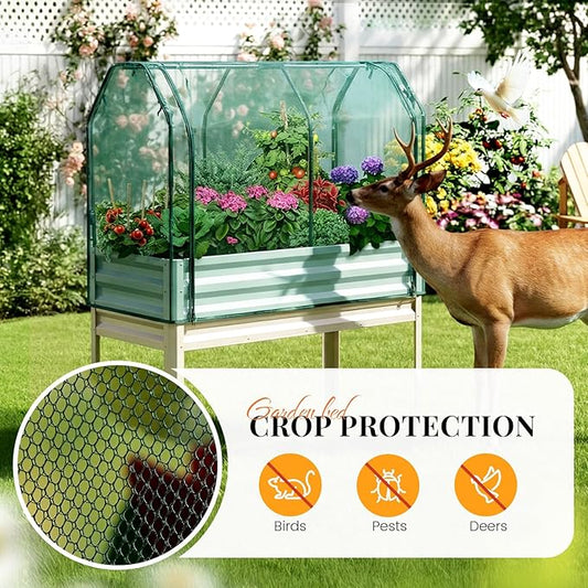 King Bird Large Raised Garden Bed with Netting Galvanized Elevated Planter Box with Legs 48×24×56 in for Backyard, Patio, Balcony, 400lb Capacity, Beige