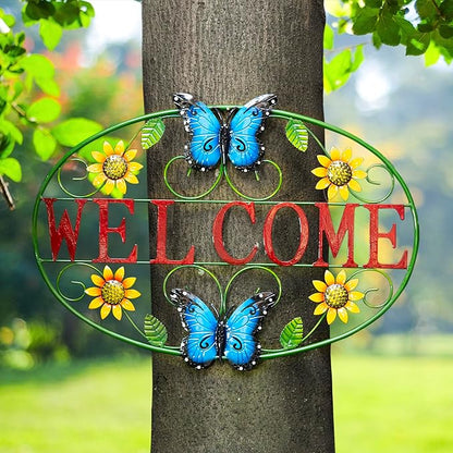Glitzhome Metal Welcome Wall Decor - Outdoor/Indoor Vibrant Sunflower & Butterfly Garden Art for Porch Patio Yard