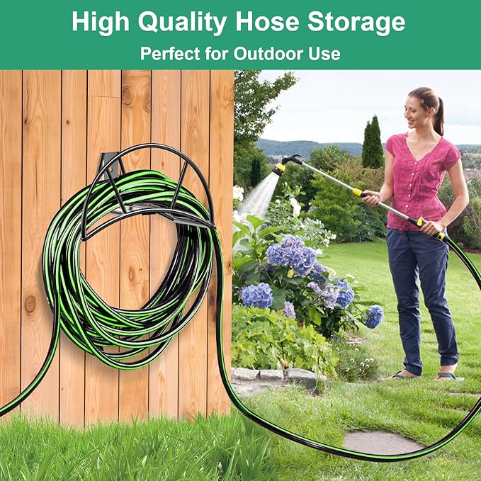 TomCare Garden Hose Holder Wall Mount Metal Water Hose Holder Holds 150Ft Hoses Heavy Duty Hose Hanger Sturdy Hoses Storage Organizer for Outside Yard Garden, Black
