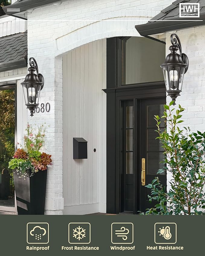 Outdoor Light Fixtures, HWH Exterior Wall Sconce Lantern with Seeded Glass, 29'' Large Outdoor Wall Lamp Antique Porch Light for Patio Garage Entryway, Matte Black Finish, 5HW90B-L BK
