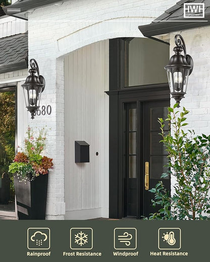 Outdoor Light Fixtures, HWH Exterior Wall Sconce Lantern with Seeded Glass, 29'' Large Outdoor Wall Lamp Antique Porch Light for Patio Garage Entryway, Matte Black Finish, 5HW90B-L BK