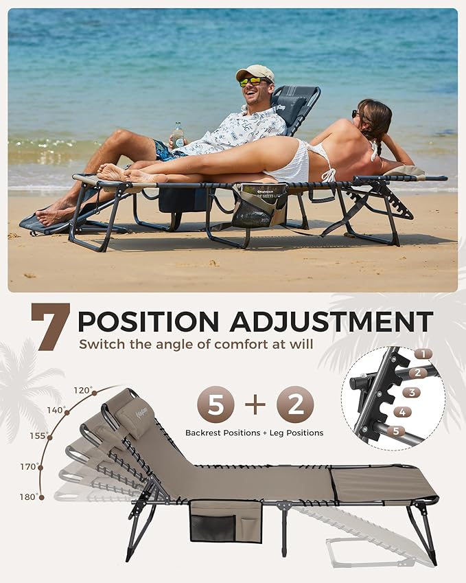 KingCamp 2 Pack Tanning Chair with Face Hole, Lounge Chairs Outdoor Folding Portable Comfy Adjustable 5-Position Lay Flat Foldable Chaise Chaser Lounger for Outside Beach Patio Sun bathing Pool, Beige