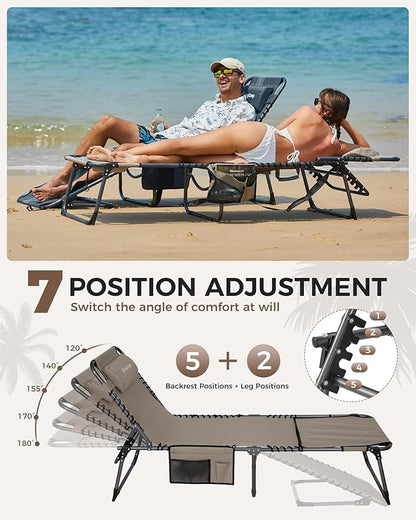 KingCamp 2 Pack Tanning Chair with Face Hole, Lounge Chairs Outdoor Folding Portable Comfy Adjustable 5-Position Lay Flat Foldable Chaise Chaser Lounger for Outside Beach Patio Sun bathing Pool, Beige