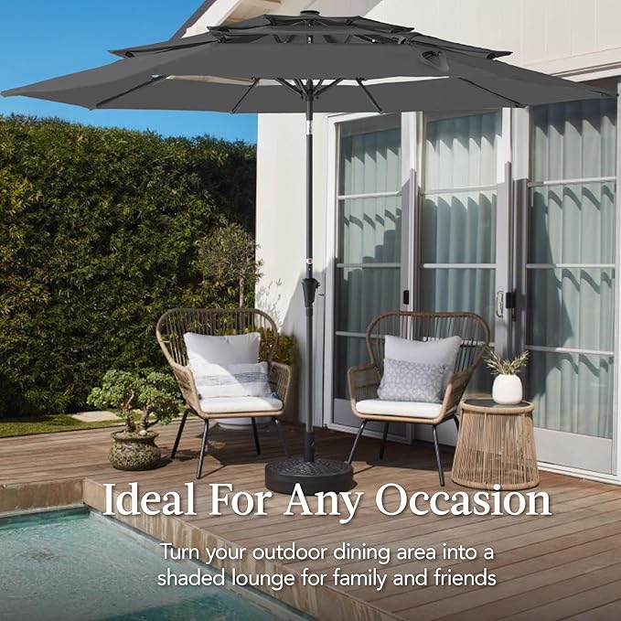 Best Choice Products 10ft 3-Tier Market Patio Umbrella, Outdoor Sun Shade with Tilt, Crank Lift, 8 Ribs for Backyard, Deck, Poolside – Gray
