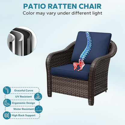 4 Pieces Patio Outdoor Conversation Furniture Set with Cushions, All-Weather Wicker Ottomans, PE Rattan 2 Chairs for Backyard, Deck, Lawn (Navy Blue)