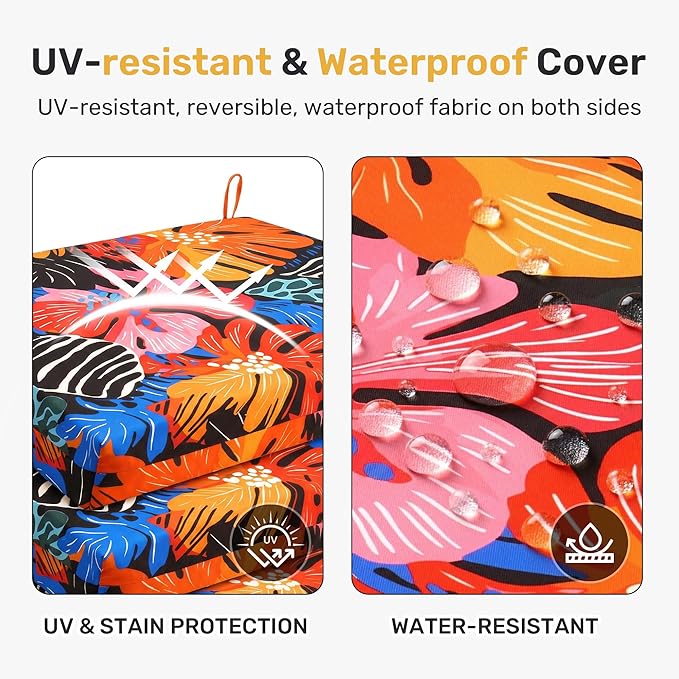 UNIKOME Outdoor Chair Cushions Pack of 4, Water Resistant Patio Cushions with Ties, High Density Sponge Filling Square Corner Seat Cushions for Outdoor Furniture, 19"*19"*3", Colored Flower