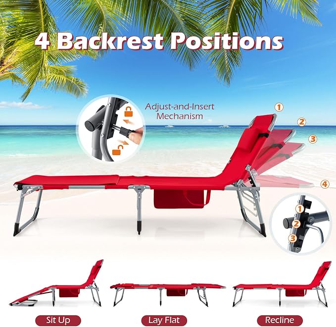 GYMAX Tanning Chair, 3 in 1 Sun Bathing Lounge Chairs with Face/Arm Holes & Side Pocket, Portable Lightweight Face Down Layout Tanning Chair for Outside, Beach, Backyard, Poolside (2, Red)