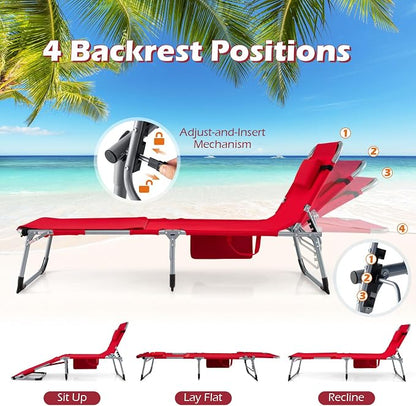 GYMAX Tanning Chair, 3 in 1 Sun Bathing Lounge Chairs with Face/Arm Holes & Side Pocket, Portable Lightweight Face Down Layout Tanning Chair for Outside, Beach, Backyard, Poolside (1, Red)