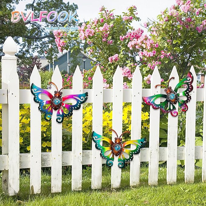 Garden Decor Clearance Metal Butterfly Wall decor 3D Wall Art Hanging Sculpture for Patio Fence, Set of 3, 9 inch, Indoor Outdoor Gift for Family