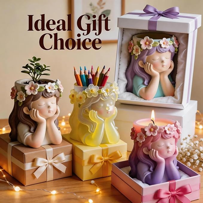 1Pc Cute Girl Resin Casting Mold 3D Flower Crown Head Silicone Mold for Epoxy Succulents Planter Pen Holder Candle Making Concrete DIY Craft Home Decor Handmade Gifts Easy Demold