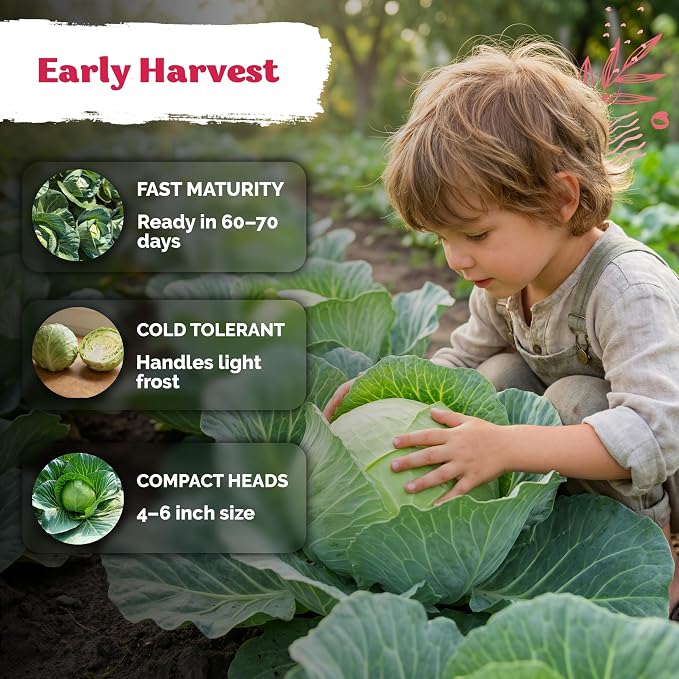 KVITER 1000 Early Round Dutch Cabbage Seeds (Brassica Oleracea) - Cold Tolerant Round Dutch Cabbage, Compact Green Heads, Non-GMO Seed Packets - Vegetable Seeds for Home Garden, Small Space Rows