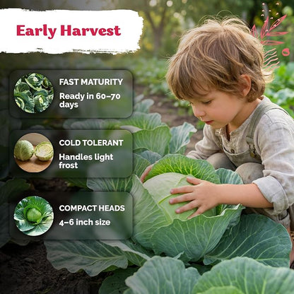 KVITER 1000 Early Round Dutch Cabbage Seeds (Brassica Oleracea) - Cold Tolerant Round Dutch Cabbage, Compact Green Heads, Non-GMO Seed Packets - Vegetable Seeds for Home Garden, Small Space Rows