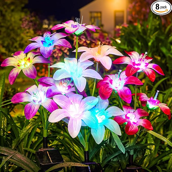 WdtPro Solar Lights Outdoor Waterproof Clearance, 8 Pack RGB Solar Garden Lights with 32 Enlarged Blooming Lily Flowers, 7 Color Changing Solar Lights for Outside Yard, Patio, Decor, Gifts