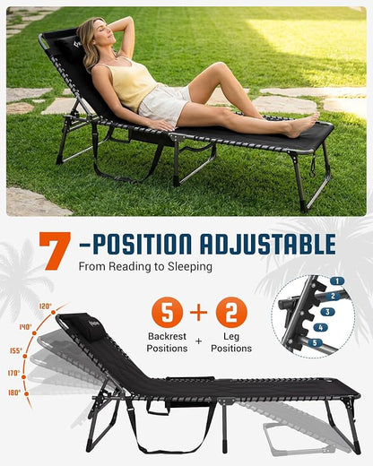 KingCamp Oversized Tanning Chair, Extra-Wide Padded Folding Chase Lounge Chairs Portable Adjustable 5-Position 440lbs Heavy Duty Lounger with Double-Layer Oxford for Outdoor Beach Patio Sun Pool Black