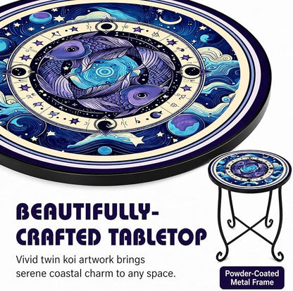 15 Inch Tall Outdoor Side Table, Metal Patio End Table with Twin Koi Fish Pattern, Rust Proof Black Small Garden Stool for Deck, Coastal Decor & Mermaid Table Gift