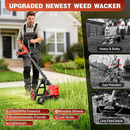 21V Cordless String Trimmer with 2 X 3.0Ah Battery and Charger, Electric Weed Wacker String Trimmer with 14" Cutting Width, Cordless String Trimmer for Lawn, Garden, Yard(8Pcs Spool Line) (Red)
