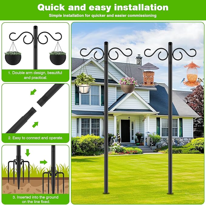 RCUICA Double Shepherds Hooks for Outdoor,1 Pack 55 Inch Bird Feeder Pole with 5 Prongs Base,Heavy Duty Shepherds Hook,Suitable for Garden in Hanging Flower Basket,Lantern,Bird Nests (1 Pack 55 inch)