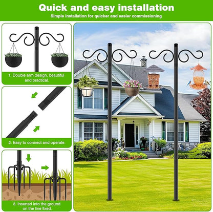 RCUICA Double Shepherds Hooks for Outdoor,1 Pack 55 Inch Bird Feeder Pole with 5 Prongs Base,Heavy Duty Shepherds Hook,Suitable for Garden in Hanging Flower Basket,Lantern,Bird Nests (1 Pack 55 inch)