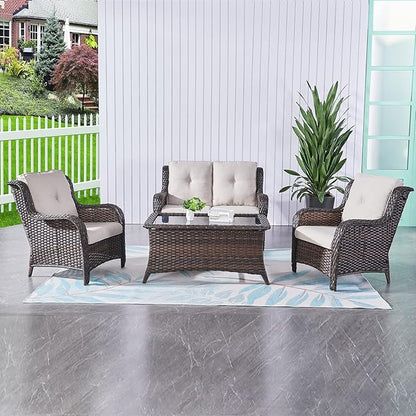 HUMMUH 4 Piece Patio Conversation Furniture Set PE Wicker Rattan Outdoor Loveseat Sofa,Patio Chairs,Coffee Table for Garden,Poolside,Backyard,Deck