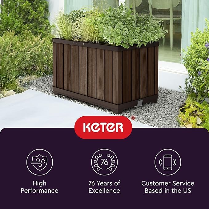 Keter Signature 21.7 Inch Tall Rectangular Large Wood Look Planter for Indoor or Outdoor Flower Pot Ideal for Patio Deck and Front Porch Decor, Rosewood