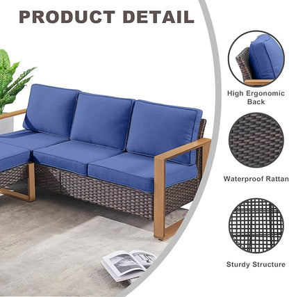 Rilyson Outdoor Couch Wicker Patio Sofa, Rattan Patio Furniture Sofa with Sturdy Frame,All-Weather PE Wicker,Wide Armrest,Deep Seating and Thick Cushions for Deck Porch Garden(Brown/Blue)
