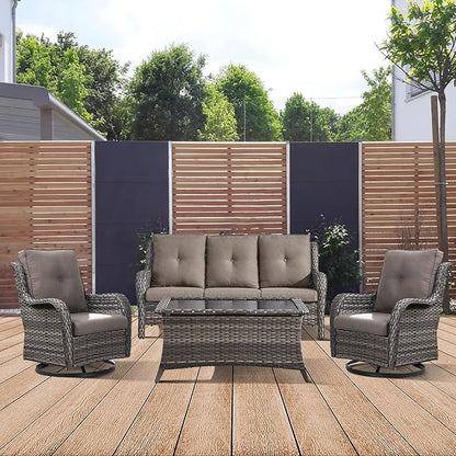 Patio Furniture 4 Piece, All-Weather PE Wicker Outdoor Furniture Set with Coffee Table,Outdoor Patio Furniture with Swivel Rocker Chairs and Outdoor Sofa, Grey/Beige
