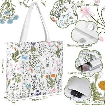 Bencailor 2 Pcs Spring Flower Canvas Tote Bags Reusable Wildflowers Herbs Plant Grocery Bags for Women Shopping Spring Gifts(Classic)