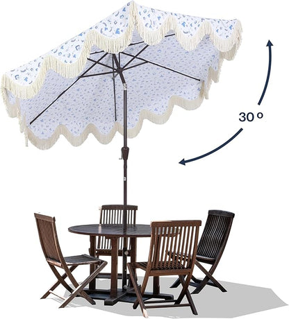 JONATHAN Y UMB1001 Collins 9 ft. Classic Cottage Tassel Market Patio Umbrella with Auto-Tilt, Crank, Wind Vent and UV Protection