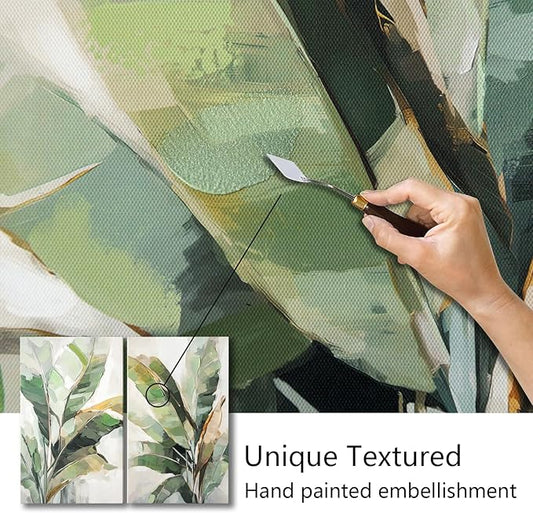 Botanical Wall Art Set Hand Painted, for Living Room plant wall art,Green Tropical Plant Leaf Wall Decor, Modern Banana Leaf Wall Painting, for Bedroom, Dining Room, Office - 12x20 Inch 2pack