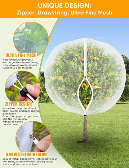 VITI Fruit Tree Netting for Cicadas - with 4Pcs 8Ftx5.3Ft Zipper&Drawstring Protection for Your Fruit Trees Garden Bird Netting Covers Blueberry Bush Tomato Bug Plant Protection Cherry Apple Tree