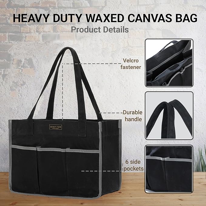 Durable 16OZ Waxed Canvas Tool Bag with Handle - A Large Main Pocket and 6 Exterior Pockets (12.5 x 6.5 x 9.5 Inches) Black