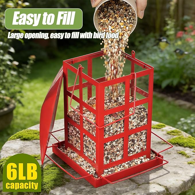 Bird Feeder, Heavy Duty Metal Bird Feeders for Outdoor Hanging, Retro Red House Wild Birdfeeder, Rainproof & Waterproof, 6 LBs Extra Large Capacity