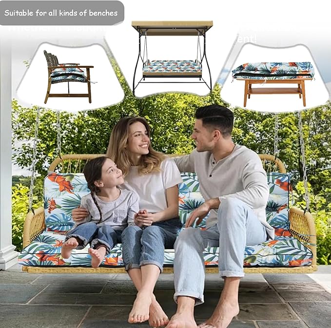 Porch Swing Cushion Three Seat, Waterproof Swing Cushions Replacement with Backrest, Outdoor Garden Furniture Patio 4" Thickened Cushions with Ties (Summer, 40 x 63in)