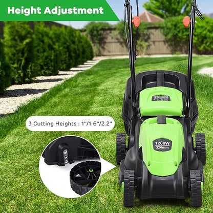 Happygrill Lawn Mower 13-Inch Electric Lawn Mower, Handle Push Corded Lawn Mowers with Grass Bag, Folding Handle, Adjustable Cutting Height for Garden Yard, 12 Amp,Green