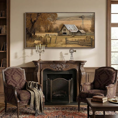 Large Framed Vintage Landscape Canvas Wall Art for Living Room, Retro Rustic Horizontal Paintings Prints, Neutral Country Barn Pictures for Bedroom Dining Room Hallway Entryway Wall Decor 60x30 Inch