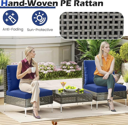 Tangkula 3 Pieces Patio Furniture Set, PE Rattan Conversation Chairs with Tempered Glass Coffee Table, Soft Back & Seat Cushions, Heavy Duty Metal Frame, Outdoor Bistro Set for Garden & Pool (Navy)