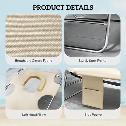 Outsunny Chaise Lounge Chair Outdoor Set of 2 w/Face Arm Hole Beige | 5-Position Reclining, Face Down, Carry Strap, Side Pocket, Portable, Folding Tanning Bed Cot, for Patio Beach Pool