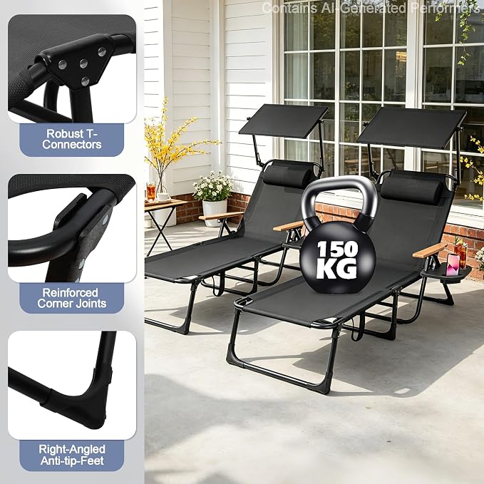 Beach Lounge Chairs with Armrests, 4-Position Folding Lounge Chairs for Outside, Sunbathing Portable Lounge Chaise, Tanning Chair Pillow & Cup Holder, for Outside Beach Pool (Black.)