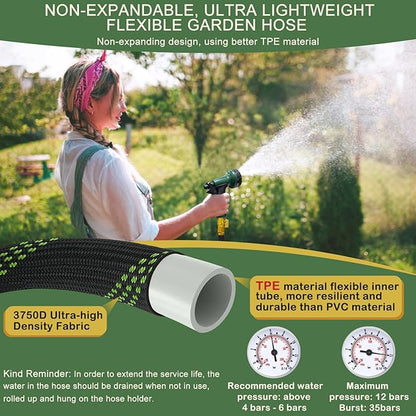 Garden Hose Non-Expandable 75 ft, Lightweight Flexible Water Hose with 10 Function Spray Nozzle, Outdoor Leak Proof, Kink-Free, Portable Hose for Yard, Lawn, Camper, High-Density Fabric, Black Green
