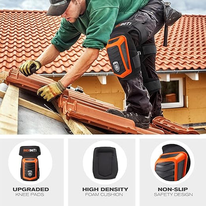 REXBETI New Upgraded Knee Pads for Work, Construction Knee Pads for Men, Heavy Duty Comfortable Anti-Slip Foam Gel Knee Pads for Gardening Flooring and Cleaning, Extra 4 Extension Straps, Orange