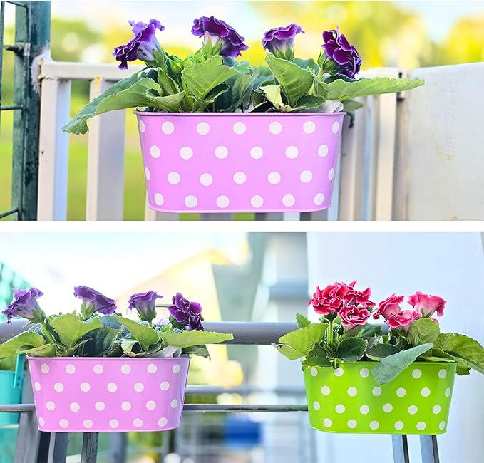 LaLaGreen Outdoor Hanging Planter (11.2 Inch, 6 Pack) Light Purple, Green, Yellow, Cadet Blue, Dark Pink, Red Metal Iron Colorful Window Boxes Polka Dot Flower Pot Deck Railings Fence Rail Porch Decor