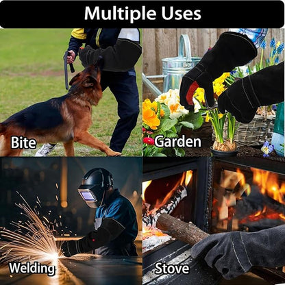 23.6" Inch Long Sleeves Welding Safety Gloves, Heat Resistant Stove Fire And Barbecue Gloves, Bite Proof Animal Handling(Black)